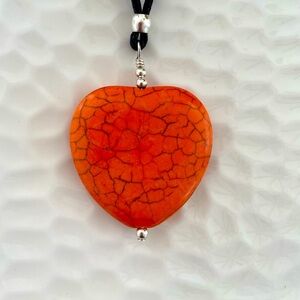 Handmade Orange Stone Heart Necklace on 18” Cord